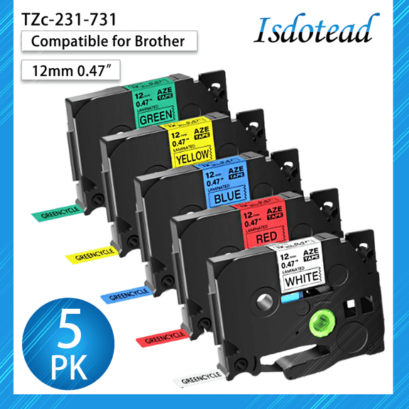 Isdotead Compatible for Brother P-Touch TZe231/431/531/631/731 12mm 0.47" TZ Label Tape Cartridge Laminated Black on White Clear Red Blue Yellow Green for PT-D210 D200 PTD600 D400 D450 PTH110, 5 Pack