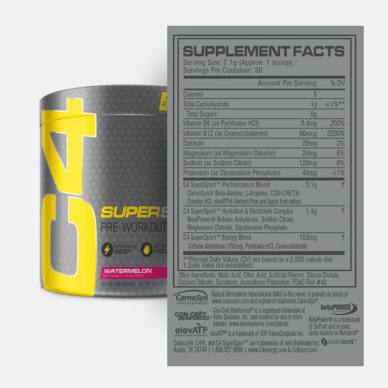 C4 Super Sport Pre-Workout Powder, Watermelon, Energy, Strength & Power, 30 Servings
