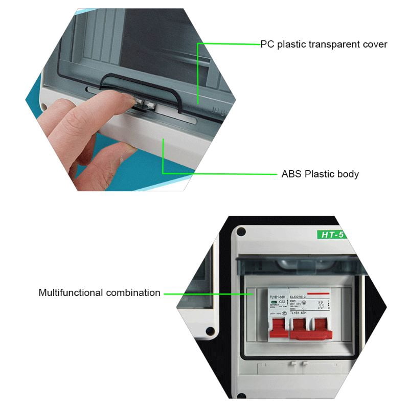 Outdoor Waterproof Distribution Box with DIN Rail, Transparent Cover ABS Waterproof Circuit Breaker Box IP65, Indoor and Outdoor Walls
