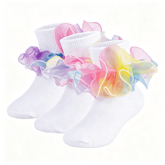 TELOLY Toddler Girls Double Lace Ruffle Rainbow Socks Turn Cuff Shimmering Big Ruffle Dress Lace Socks Cute Style Girls Ruffle Socks