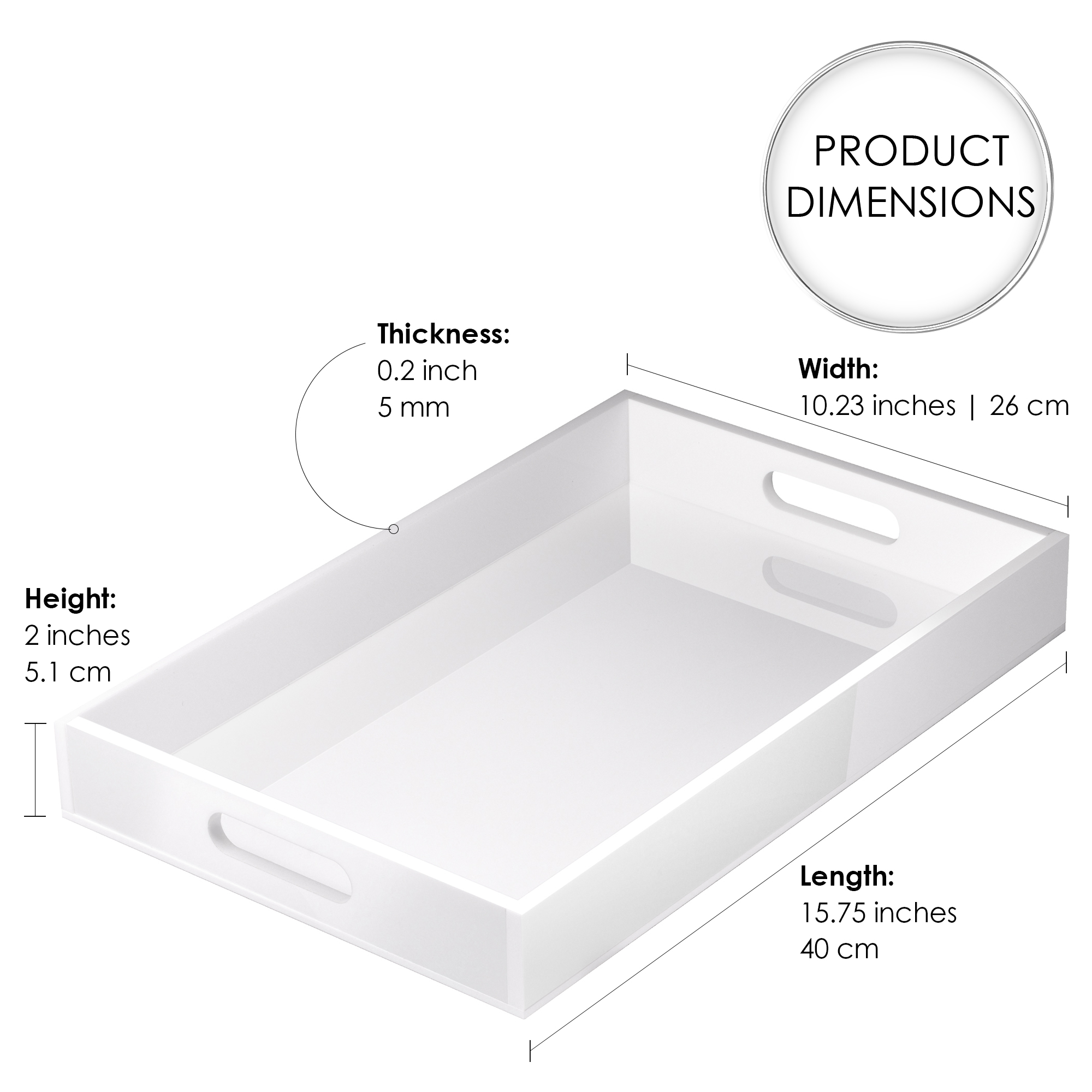 Elavain Acrylic White Serving Tray with Handles | Glossy Decorative Display Coffee Table Tray, Sturdy Ottoman Tray, Rectangle Jewelry Organizer Tray & Large Paper Tray Organizer | 15.75 ‘’ x 10.23’’