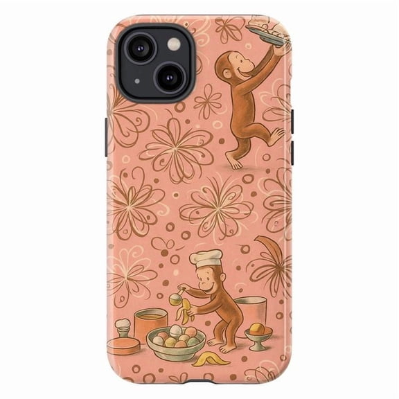 Curious Monkey Chef Pattern Phone Case for iPhone 11/12/13/14/15/16 Mini Pro Max Plus – Cute Cartoon Design, Shockproof Protective Cover with Vintage Floral Background