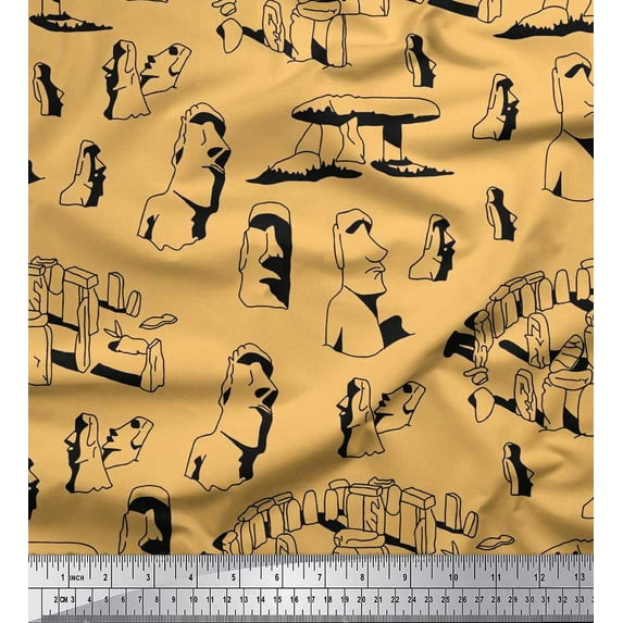 Soimoi Crepe Silk Fabric Easter Island Statue Face Print Fabric by the Yard 42 Inch Wide