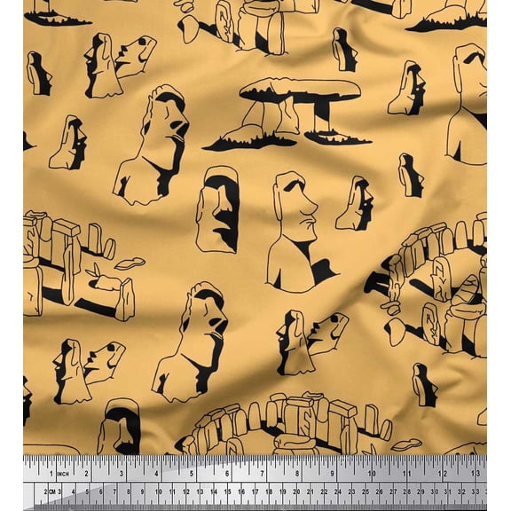 Soimoi Velvet Fabric Easter Island Statue Face Printed Fabric 1 Yard 58 Inch Wide