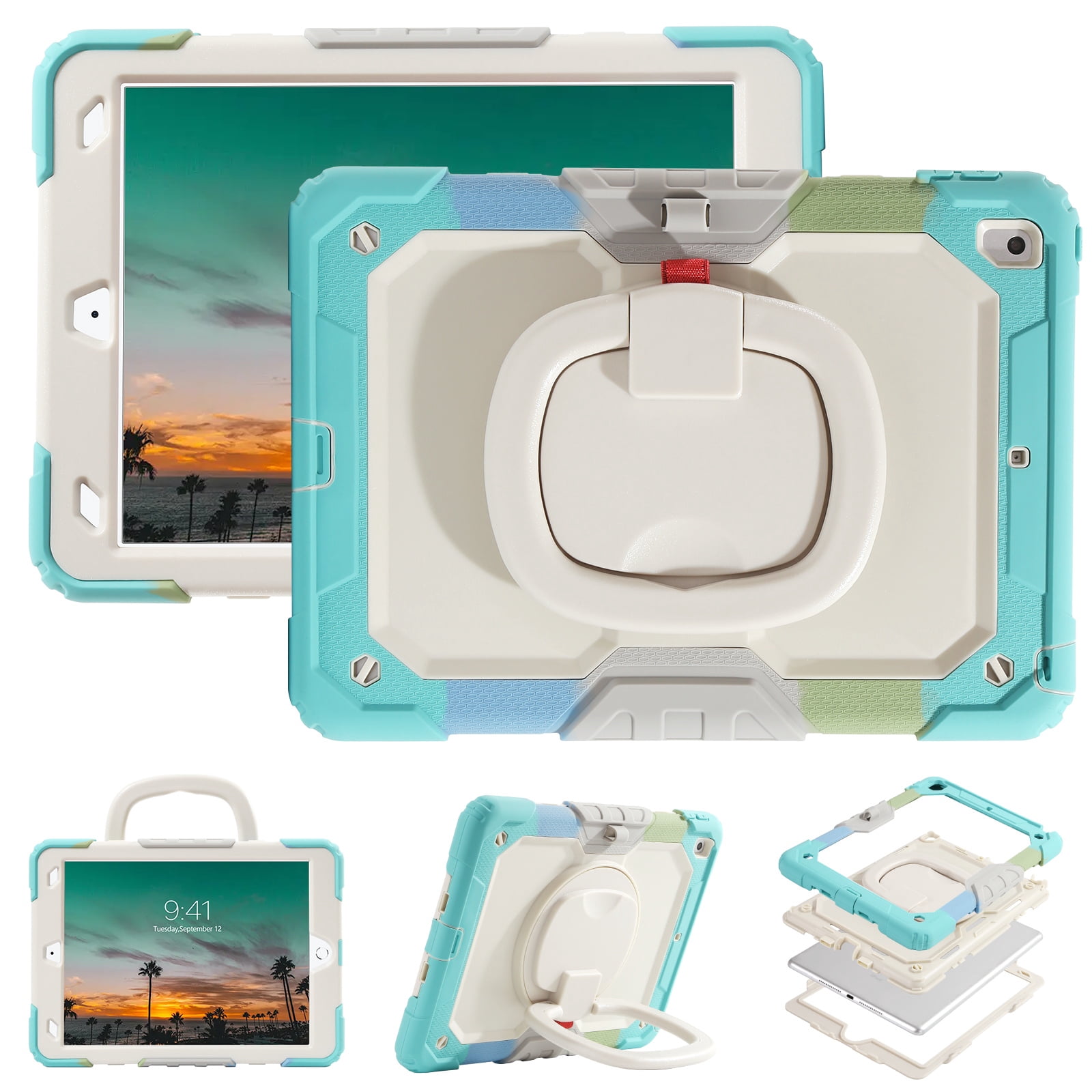 DOMAVER Case for iPad 9th/8th/7th Generation (iPad 10.2 inch, 2021/2020/2019), Heavy Duty Rugged Cover for Kids with Screen Protector, Pencil Holder, Rotating Stand/Handle, Rainbow Blue
