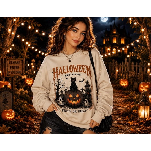Halloween Night Of Fear Cat Pumpkin Sweatshirt, Vintage Halloween Graphic Crewneck, Trick Or Treat Fall Sweatshirt