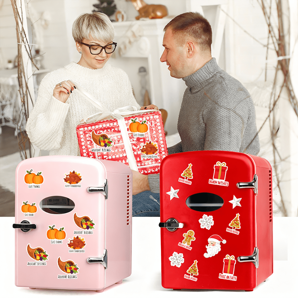 QUIOCOZY Red 4L/6 Can Mini Fridge - Portable Cooler & Warmer with Window, Freon-Free Aesthetic Fridge for Skincare/Beverage - Perfect Thanksgiving, Christmas & New Year Gift with Stickers