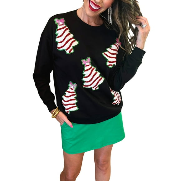 WIFORNT Women Christmas Sweatshirt, Long Sleeve Crew Neck Sequined Tree Hoodie Pullover for Casual Daily