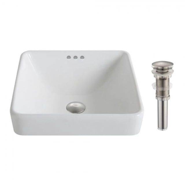 Elavo White Ceramic Square Semi-Recessed Bathroom Sink - Brushed Nickel