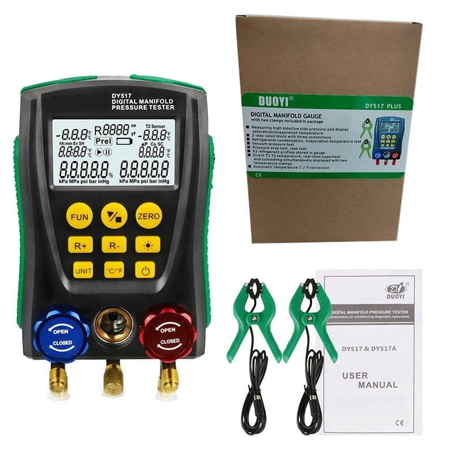yeacher Digital Refrigerant Manifold Gauge for HVAC Systems with Dual Temperature Clamps, Pressure & Vacuum Testing Tool for Air Conditioning Maintenance
