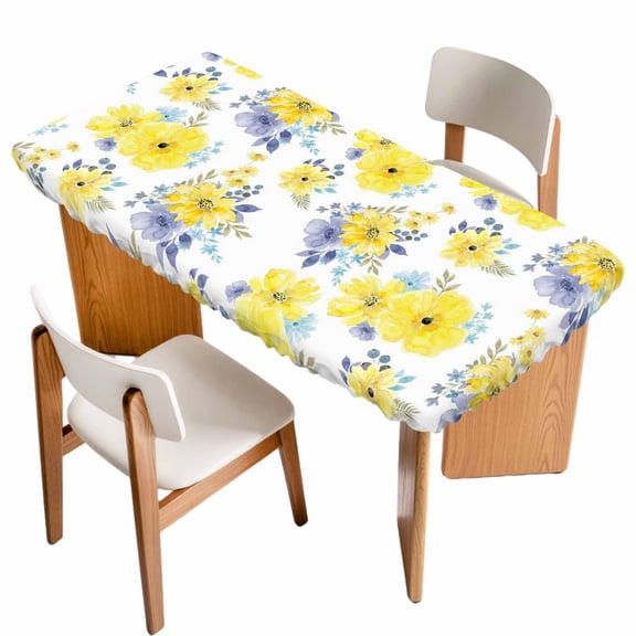Yellow Watercolor Floral Table Cloths for 4 Foot Rectangle Tables, Spring Flower Abstract Art Patio Waterproof Elastic Fitted Tablecloths, Washable Rectangular Table Cover for Camping