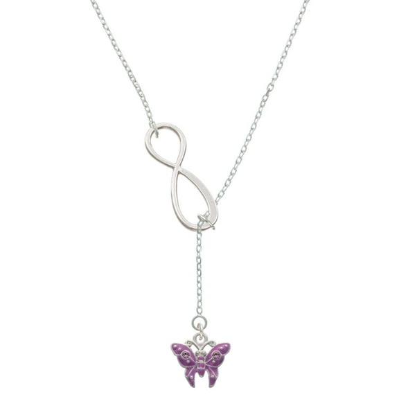 Delight Jewelry Silvertone Hot Purple Butterfly with 2 Crystals Silver tone Elegant Infinity Lariat Necklace