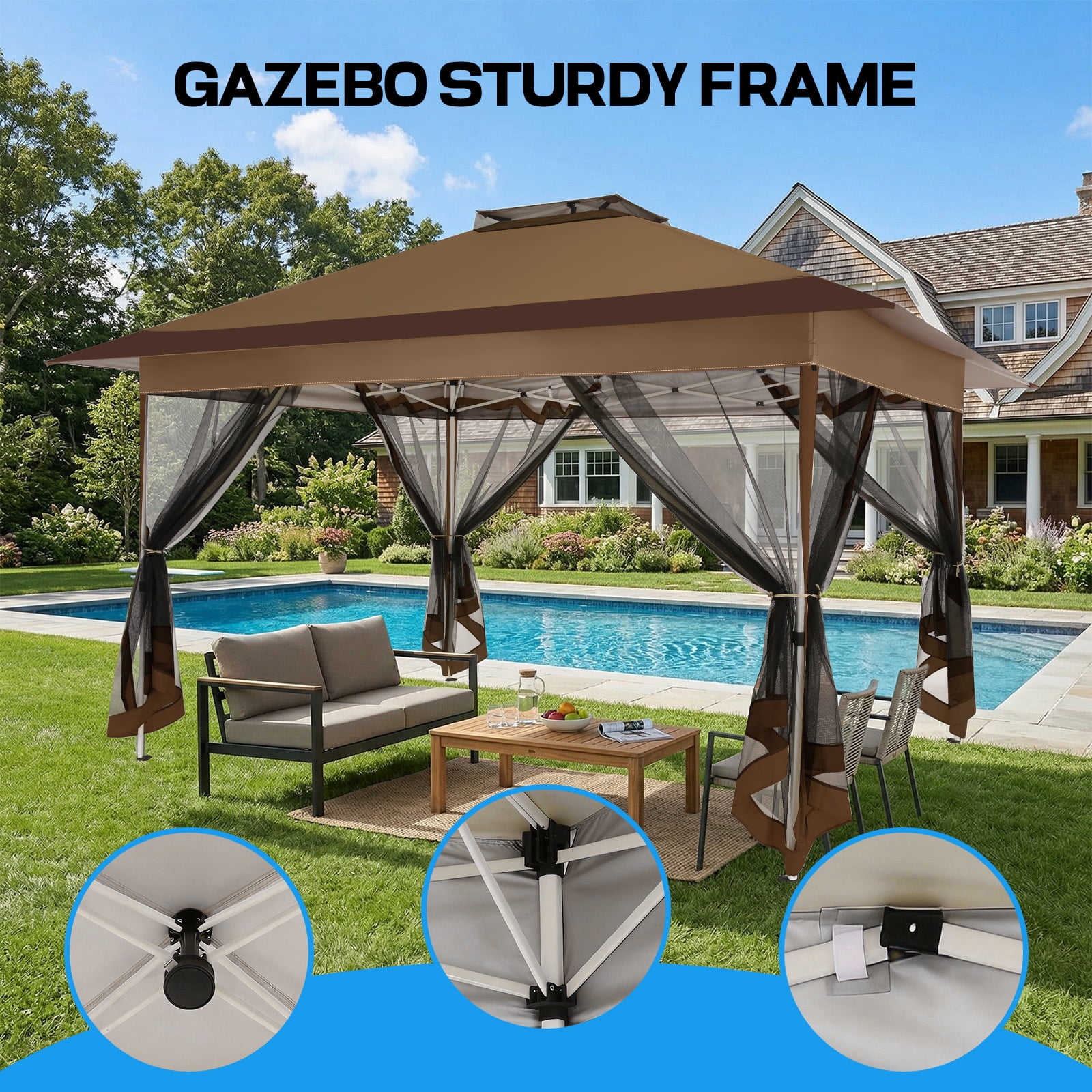 COBIZI 10x15 Pop-Up Gazebo with Mosquito Netting, Outdoor Patio Canopy Tent with 2-Tier Ventilated Roof, 3 Adjustable Heights, Provides 150 Sq Ft Shade, Brown