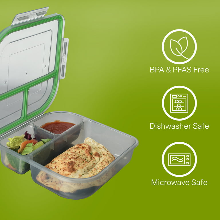 MyGo Container Small To-Go 3-Compartment Food Container, 8 x 8 x 2-1/2,  Reusable, Microwave Safe, NSF Certified, Smoke/Green