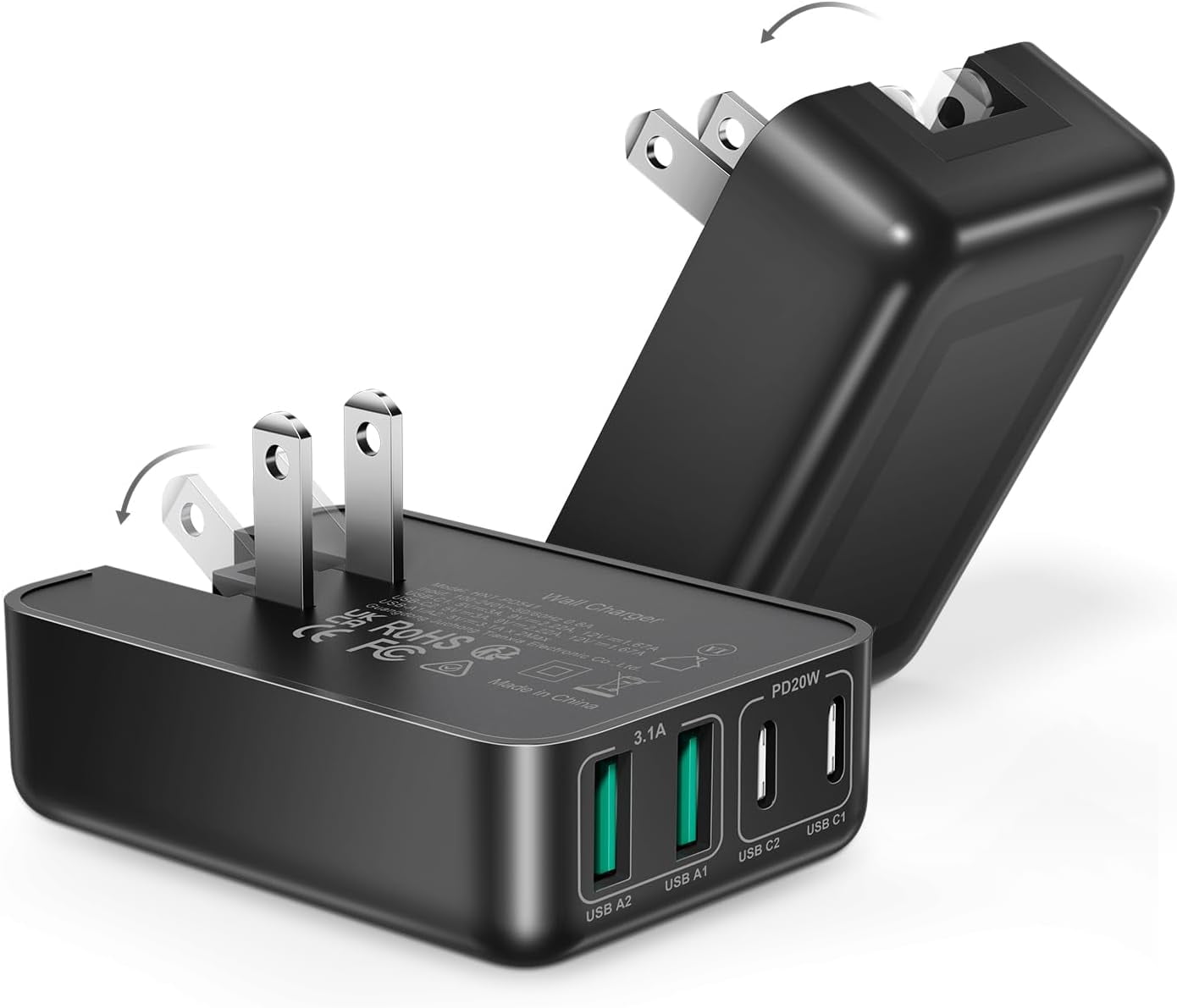 RGHJAR-2Pack 40W Flat USB C Wall Charger, 4Ports Foldable & Slim Fast Charging Blocks, Multiport Type C Cube Box Power Adapter Plug, USB C Charger Block Brick for iPhone Samsung Tablet