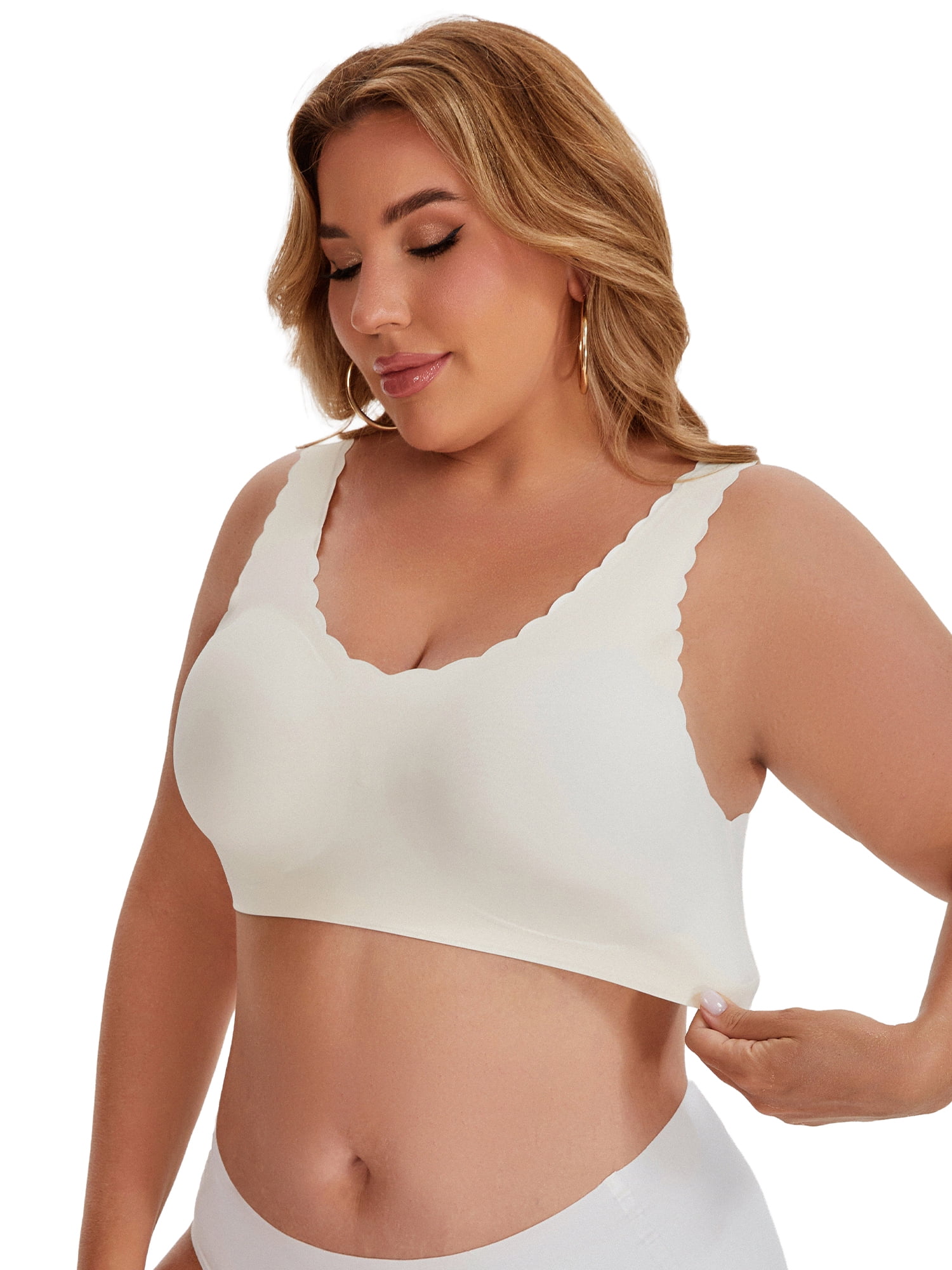 DARING DIVA Women's Plus Size Bras Waved Edge Wireless Push Up Tshirt Bralettes XL White