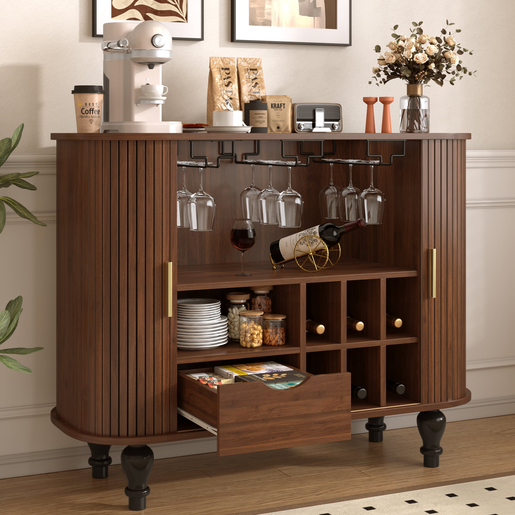 avobird 39" Fluted Liquor & Coffee Bar Cabinet with 6 Wine Racks and 3 Glass Holders, Mid-Century Modern Bar Cabinet with A Large Storage Drawer ,4 Hidden Storage Space on the Side , Walnut