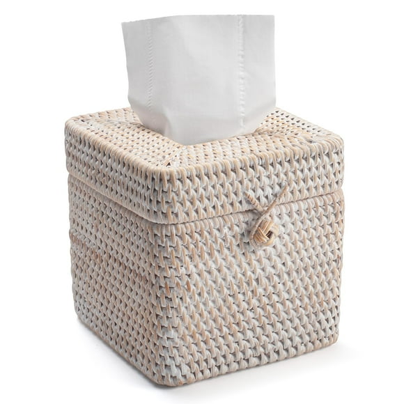 Funda para caja de pañuelos DECRAFTS, ratán, tejido natural, cuadrada, blanca