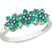 Tangelo 5/8 Carat T.G.W. Created Sapphire and Created Emerald Flower Ring with Diamond Accents in Sterling Silver