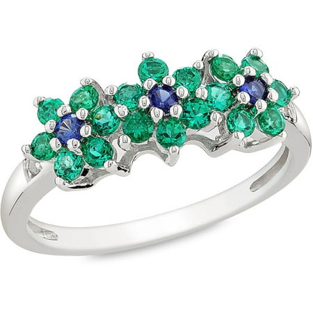 5/8 Carat T.G.W. Created Sapphire and Created Emerald Flower Ring with Diamond Accents in Sterling Silver
