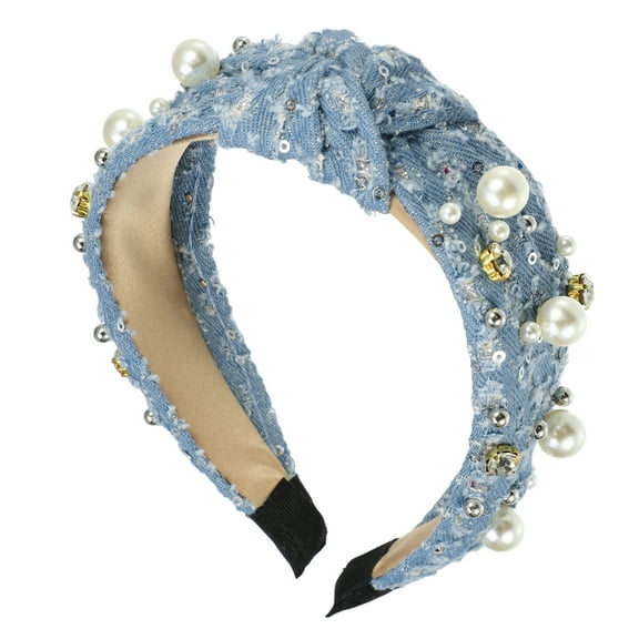Unique Bargains Pearly Crystal Knotted Women Headband Classic Casual Style Headband for Women Light Blue 5.51"x1.89"
