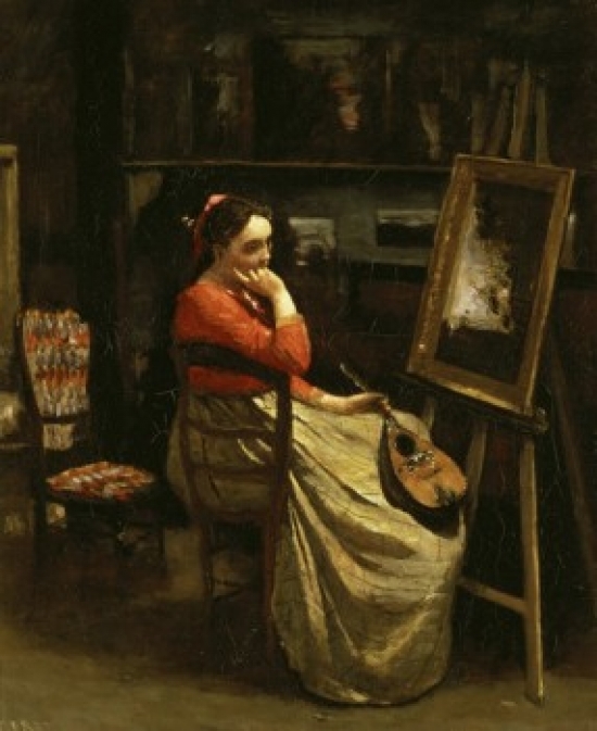 Corots Studio Young Woman with a Mandolin (LAtelier de Corot Jeune Femme la Mandoline) Jean Baptiste Camille Corot (1796-1875French) Musee du Louvre Paris Canvas Art - Jean Baptiste Camille Corot