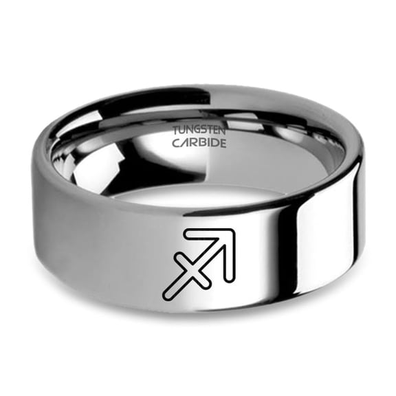 Sagittarius Astrology Sign Engraved Silver Tungsten Carbide Ring, 8mm, Size 15