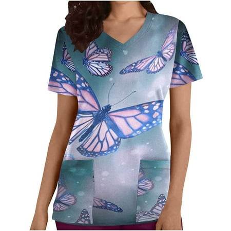 

Odeerbi V Neck Scrub Tops for Women Fashion Short Sleeve Working Uniform Printing Blouse with Pocket Pink