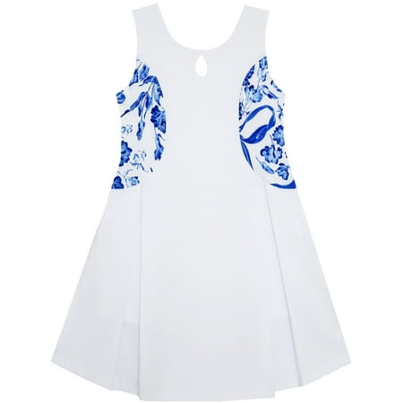 Girls Dress Blue White Porcelain Floral Printed Sleeveless Sundress 4