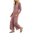 thumbnail image 6 of TEAJOPSUU Womens Waffle Knit Jumpsuit Long Sleeve Button Henley Neck Wide Leg Long Romper with Pockets Casual Loungewear Hot Pink, 6 of 7