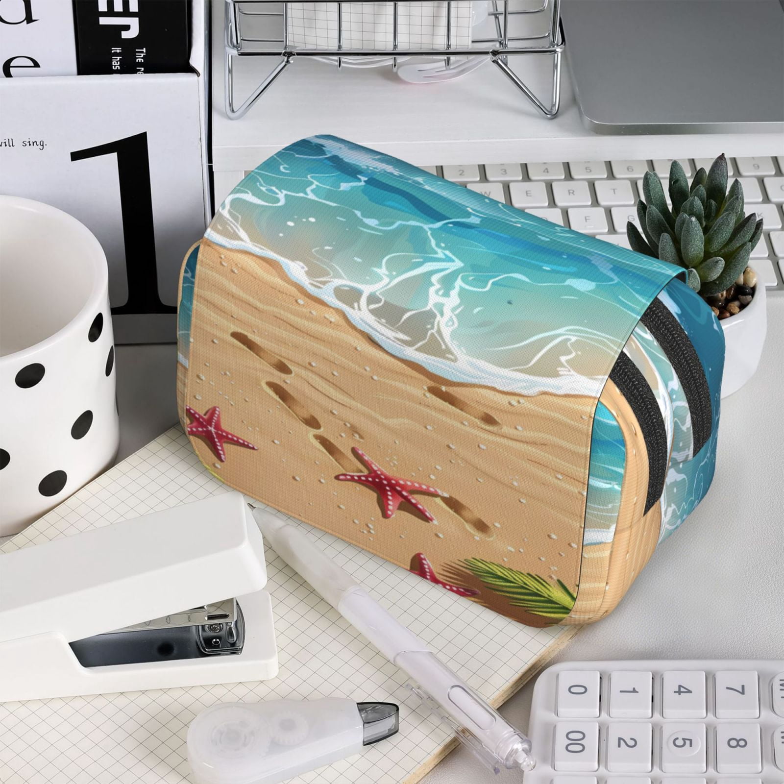 Rateoe Tropical Beach With Starfish Pattern Double Clamshell Pen Case, Storage Organizer with Two Zipper Compartments– Holds Up to 50 Pencils & Pens