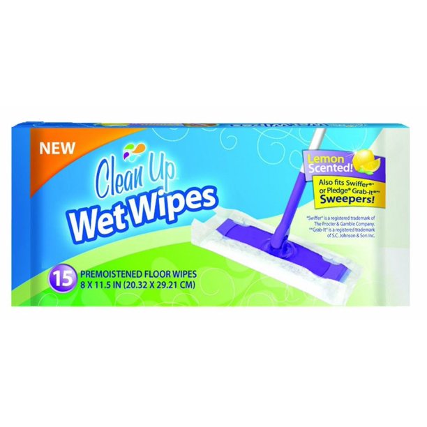 CleanUp Wet Wipes Premoistened Floor Wipes, Lemon, 15 Ct