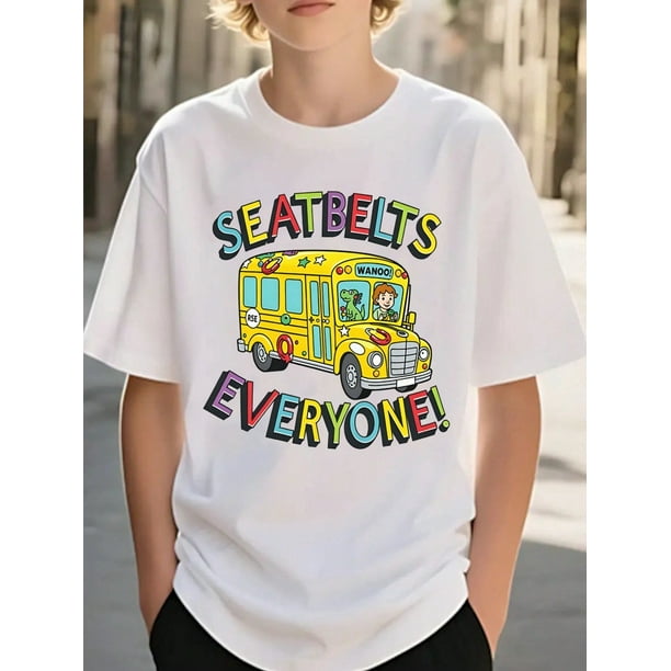 Girls & Boys School Bus Theme Cotton Graphic Tees, Back To School Clothes Girls, Black Summer Shirts With Cartoon Print, Gift For First Day Of School, Round Neck Short Sleeve T-Shirt
