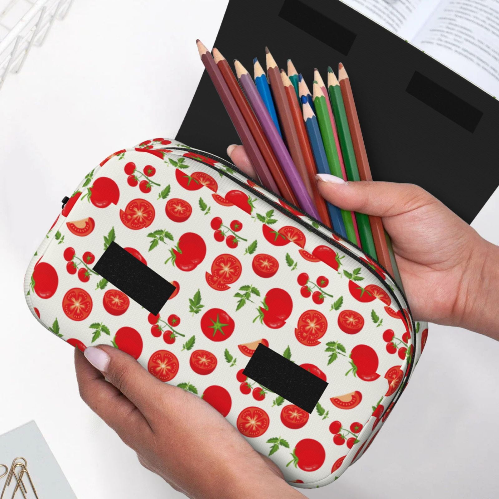 Rateoe Fresh Red Tomato Pattern Double Clamshell Pen Case, Storage Organizer with Two Zipper Compartments– Holds Up to 50 Pencils & Pens