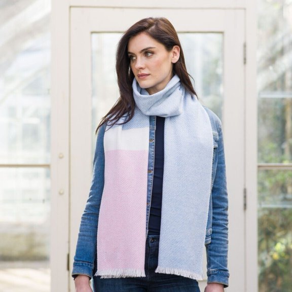 Soft Merino Blue, Pink And White Colorblock Scarf For Women One Size Made By Aran Woollen Mills