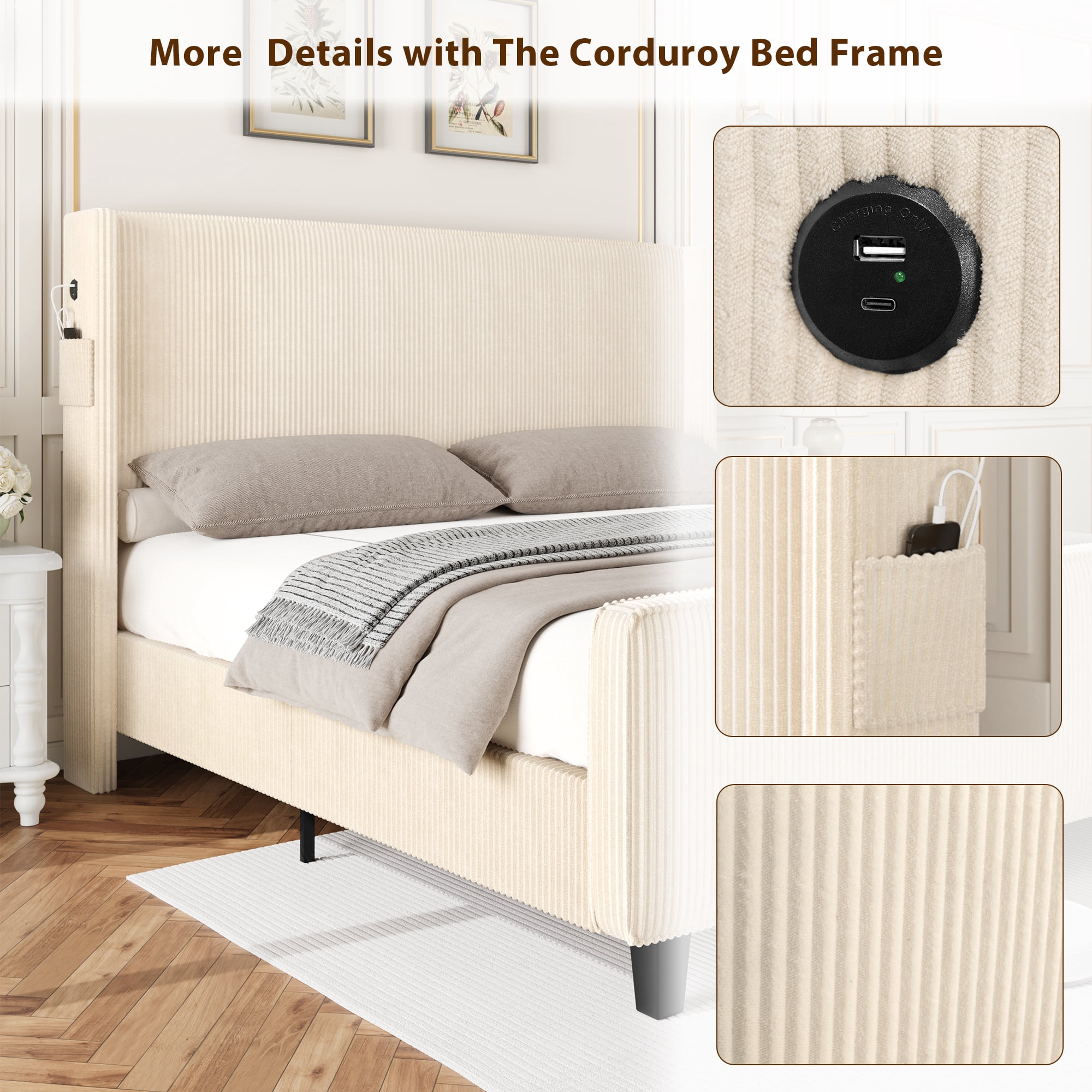Miniyam Queen Size Upholstered Bed with Wingback Headboard, USB Charging Station for Adult, Beige