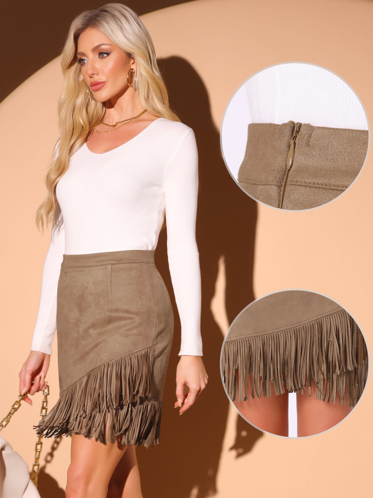 DARING DIVA Faux Suede Skirt for Women's Vintage High Waist Stretch Bodycon S Camel