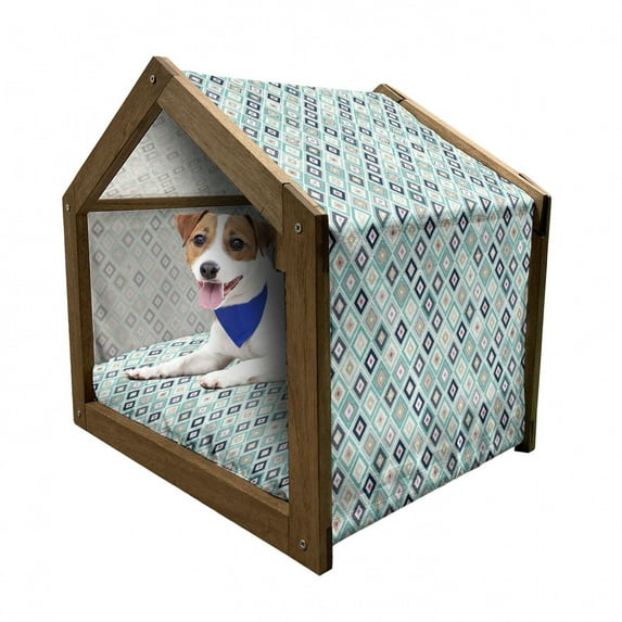 Turquoise Pet House, Dots Doodle Rhombus Diamond Shapes Colorful Geometrical Pattern Art, Outdoor & Indoor Portable Dog Kennel with Pillow and Cover, 5 Sizes, Multicolor Turquoise, by Ambesonne