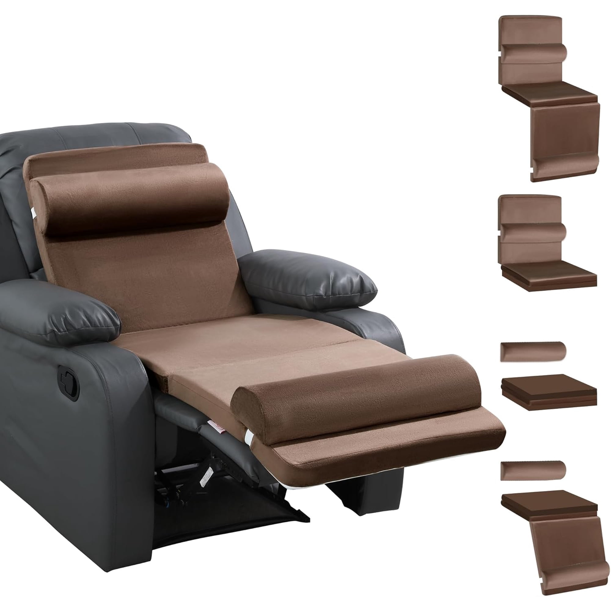 5-in-1 Recliner Seat Cushion for Elderly+Lumbar Support Pillow + Leg Pad, with Adjustable Half Moon Neck Pillow & Footrest, Foam Filling with Velvet Fabric, Thick & Non-Slip, Brown