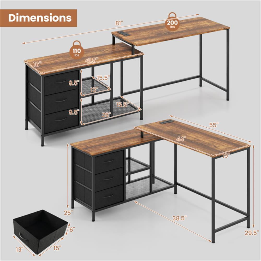 Demi Bonn L-shaped Computer Desk with Power Outlet for Working Studying Gaming, Small Home Office Desk Study Writing Table, Brown