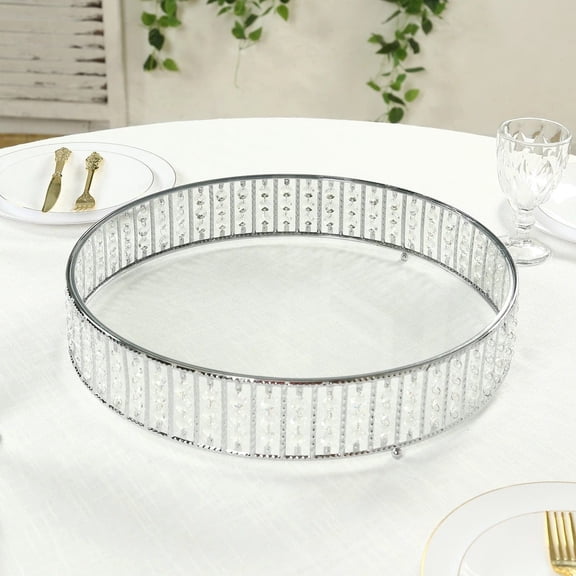 BalsaCircle Silver 18 in Metal Round Cake Stand with Glass Top and Hanging Crystal Beads Birthday Party Wedding Tabletop Decorations