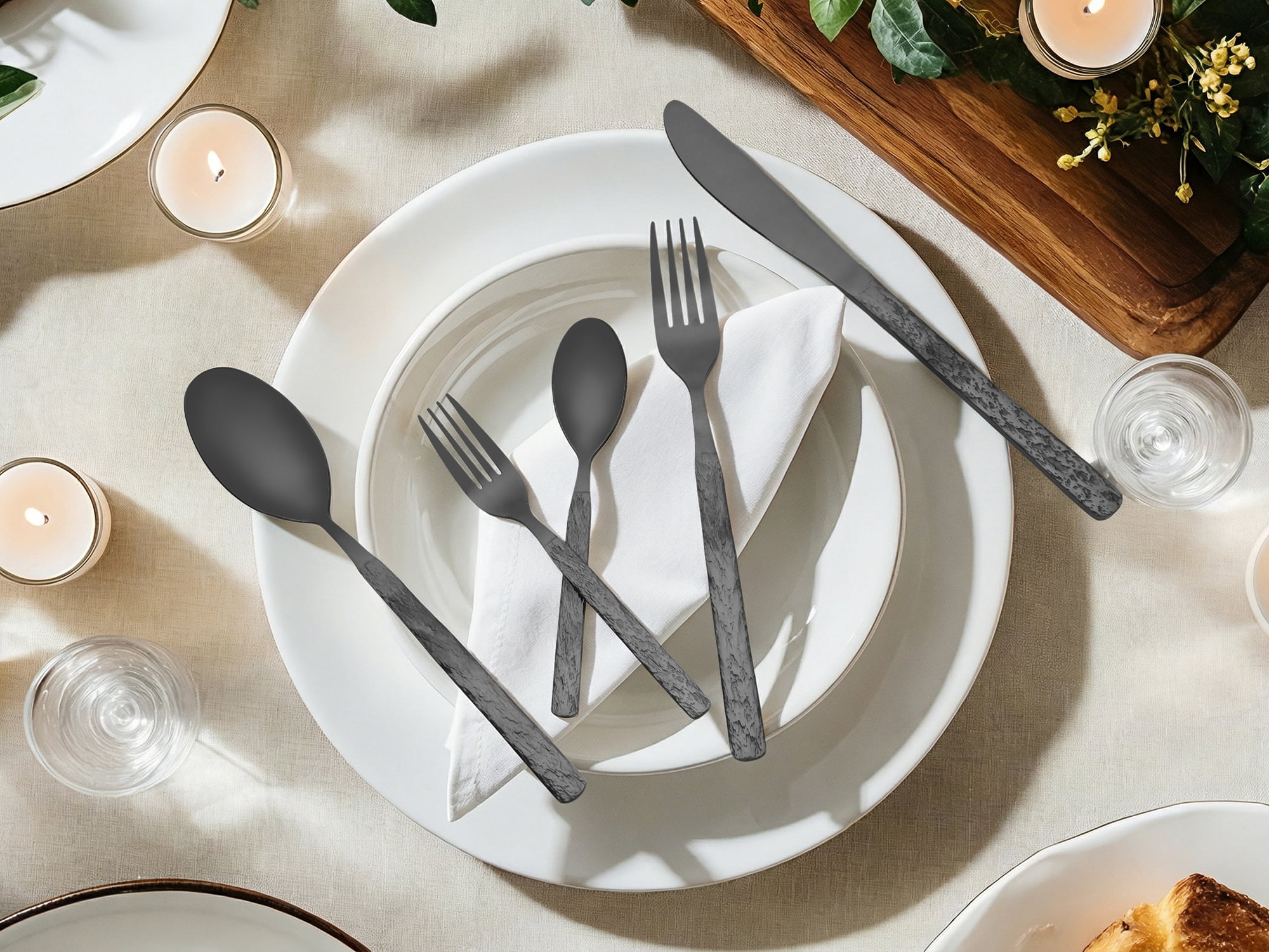 Unique Bargains Stainless Steel Mirror Polished Flatware Set for Kitchen Black 30pcs