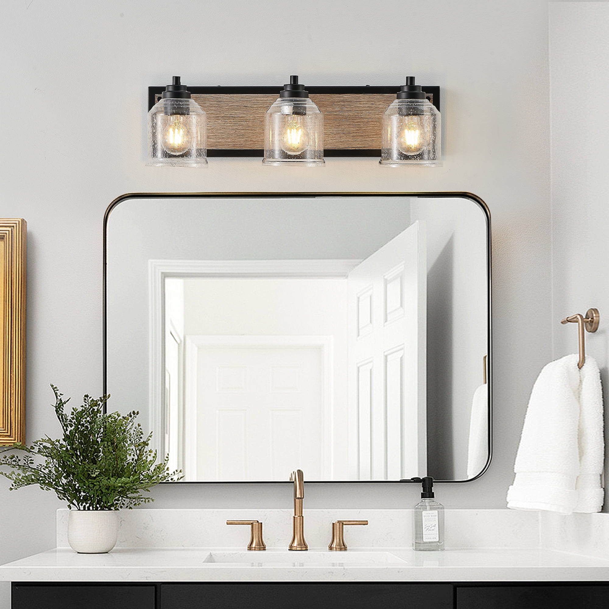 3-Light Bathroom Vanity Light Rustic Black Finish with Wood Backplate, E26, No Bulbs