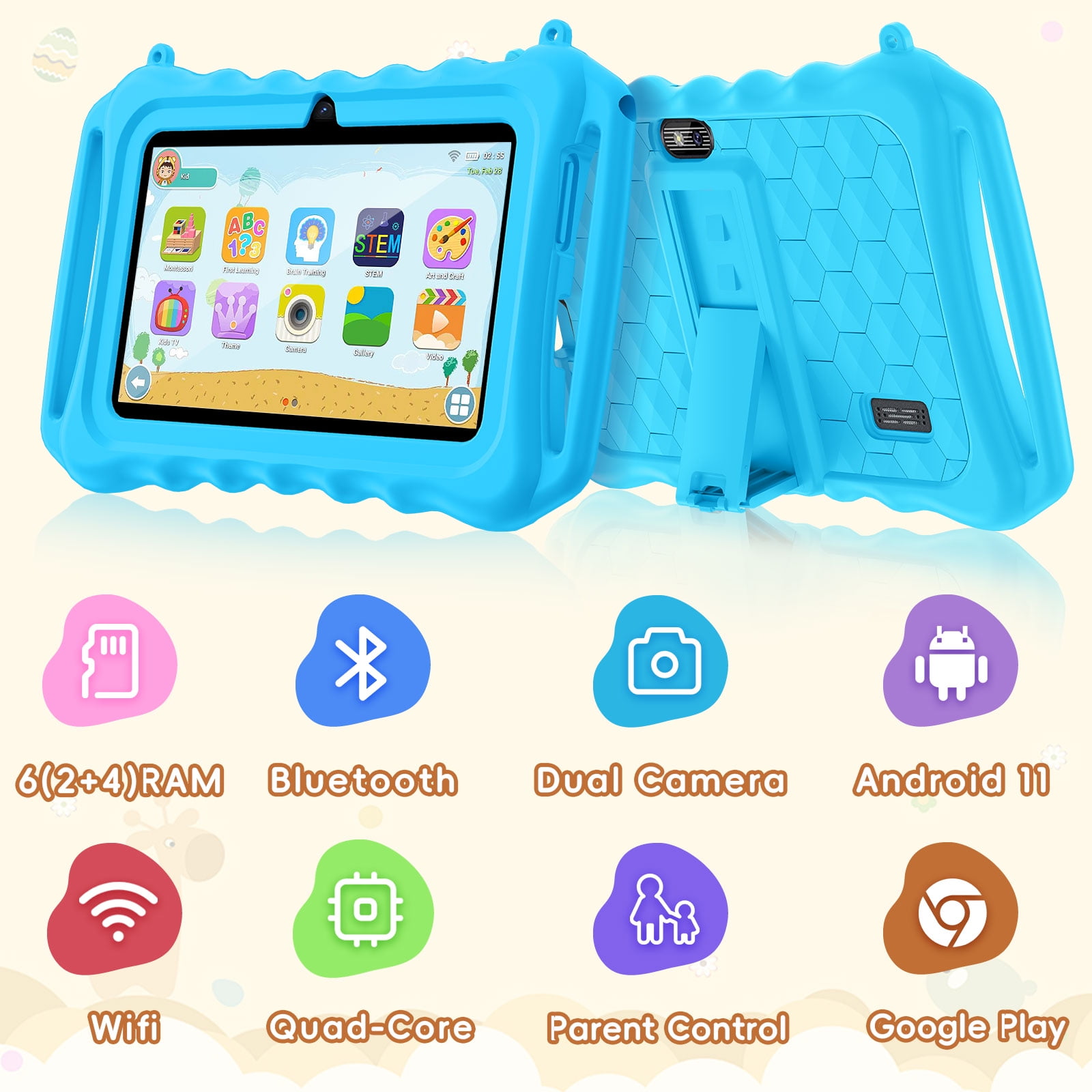 Kids Tablet, 7 inch Android 11 Tablet for Kids, 6(2+4) GB RAM 32GB ROM, Toddler Tablet with Bluetooth, GPS,WiFi,Parental Control, Dual Camera,Shockproof Case,Kids App Pre-Installed