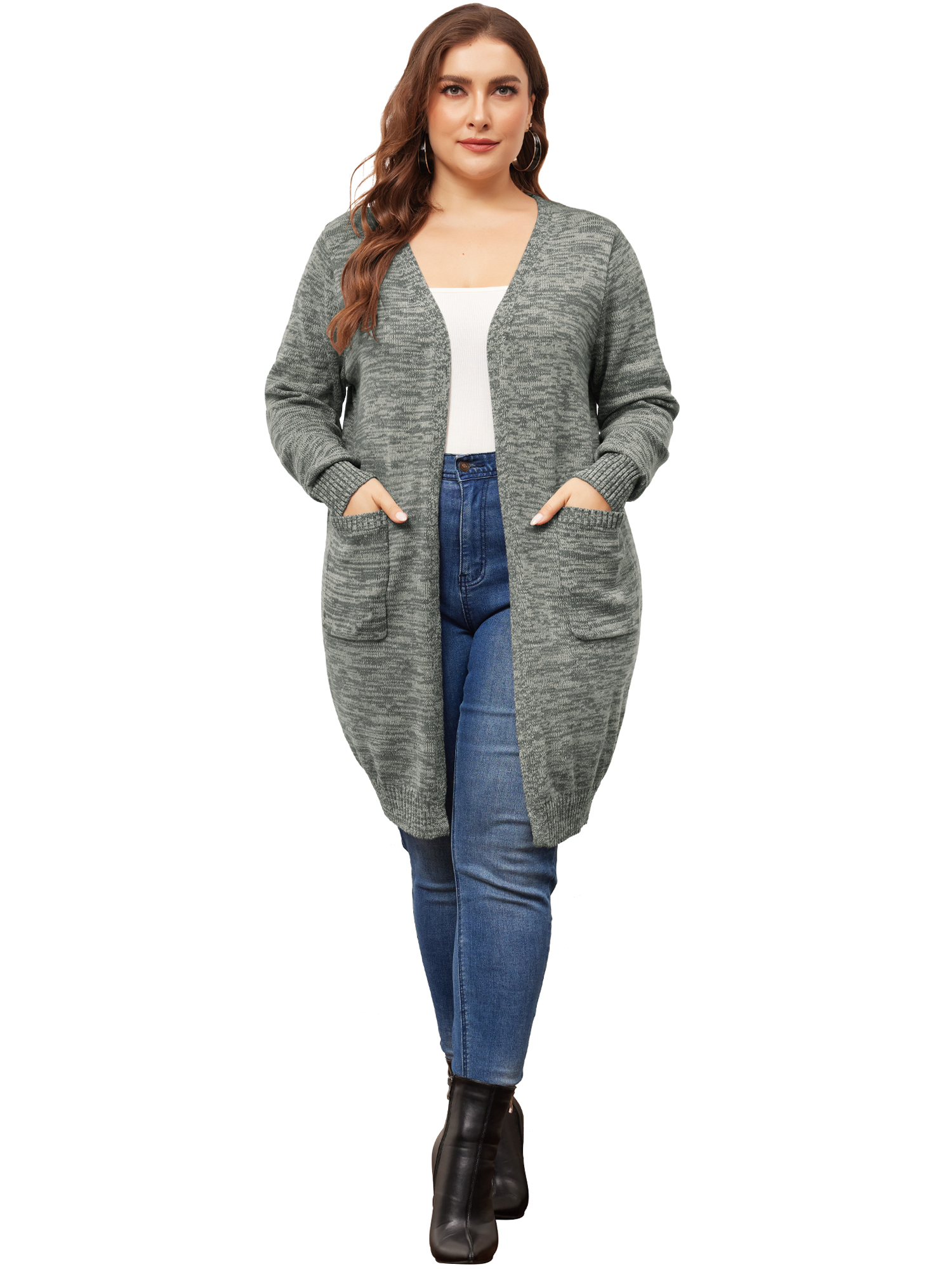 DARING DIVA Plus Size Contrast Color Open Front Long Sleeve Cardigan 1X Grey