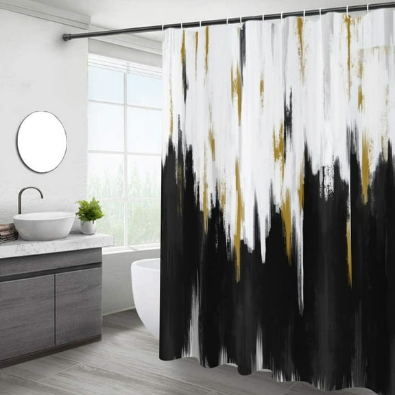 Black and White Shower Curtain, Black White Gold Brush Strokes Graffiti Oil Painting Modern Art Abstract Bathroom Curtain Waterproof Fabric Machine Washable with Hooks, 84" Wx72 L