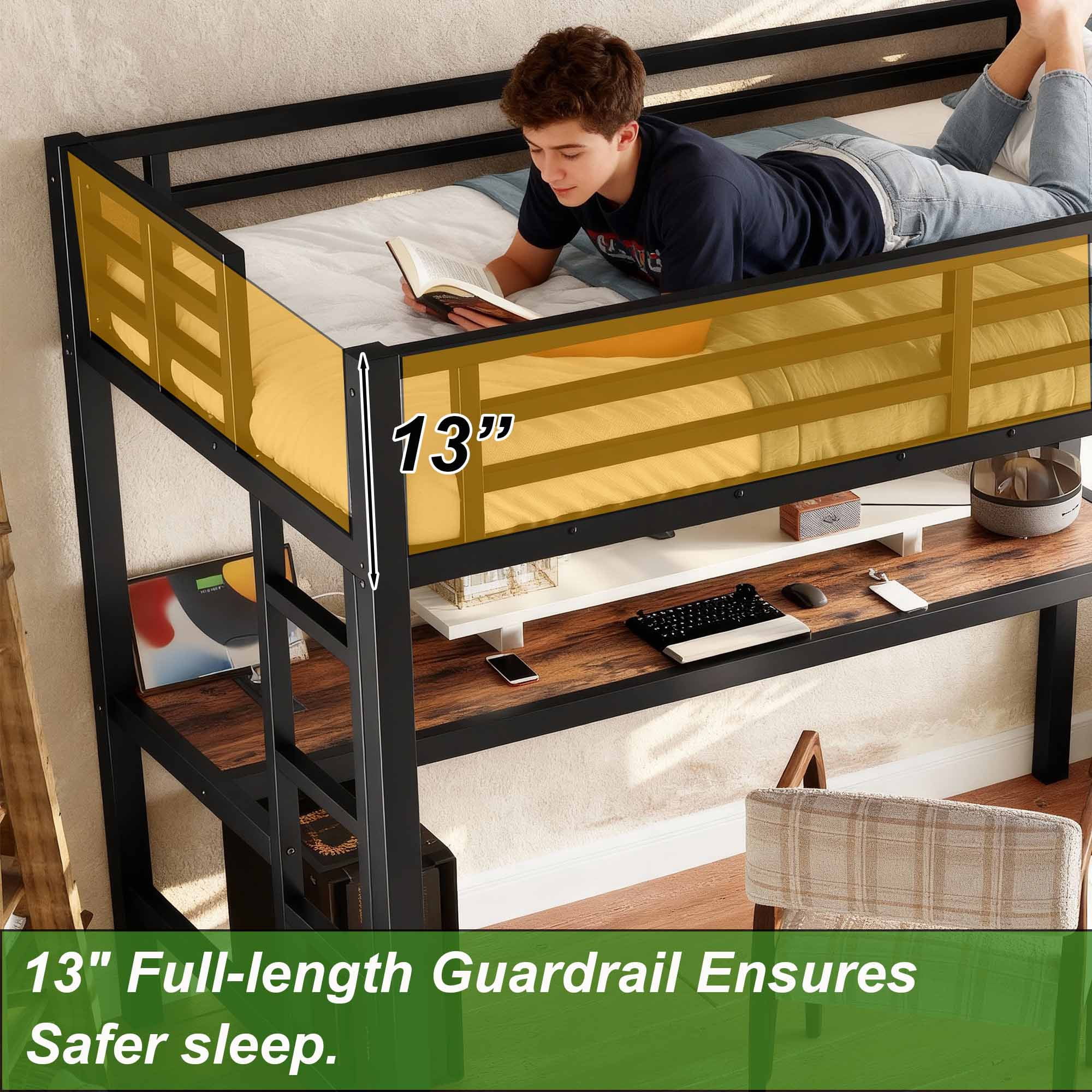 Miniyam Twin XL Metal Loft Bed Frame with Gaming-Friendly Desk & LED Light, Black