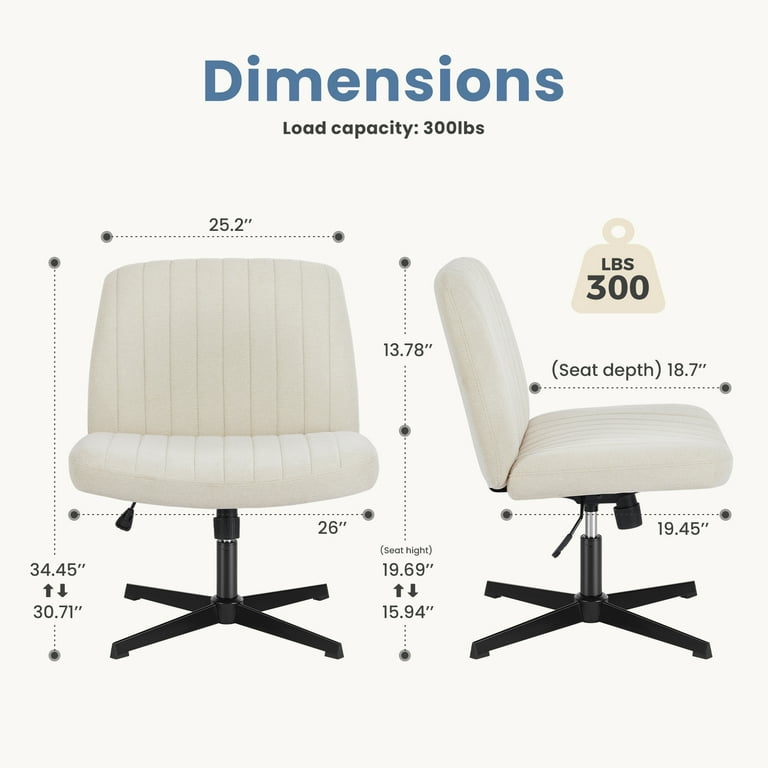 Criss Cross Legged Office Chair, White Armless Desk Chair No Wheels, Wide  Seat Home Office Chair, Pu Leather Adjustable 360 Swivel Vanity Chair, 120°