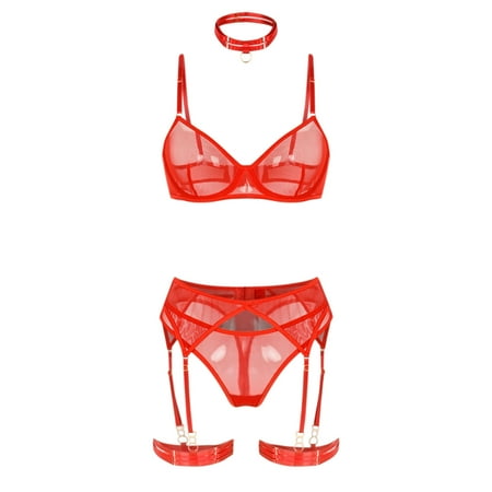 

YYDGH Women 3Pcs Mesh Lingerie set with Garter Belt Strap Bra and Panty Teddy Babydoll Bodysuit Bridal Lingerie Red S