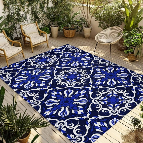 Fsddascl Blue Boho Outdoor Rug for Patio/Deck/Porch, Non-Slip Large Area Rug 5 x 8 Ft, Modern Abstract Art Floral Geometric Indoor Outdoor Rugs Washable Area Rugs, Reversible Camping Rug Carpet